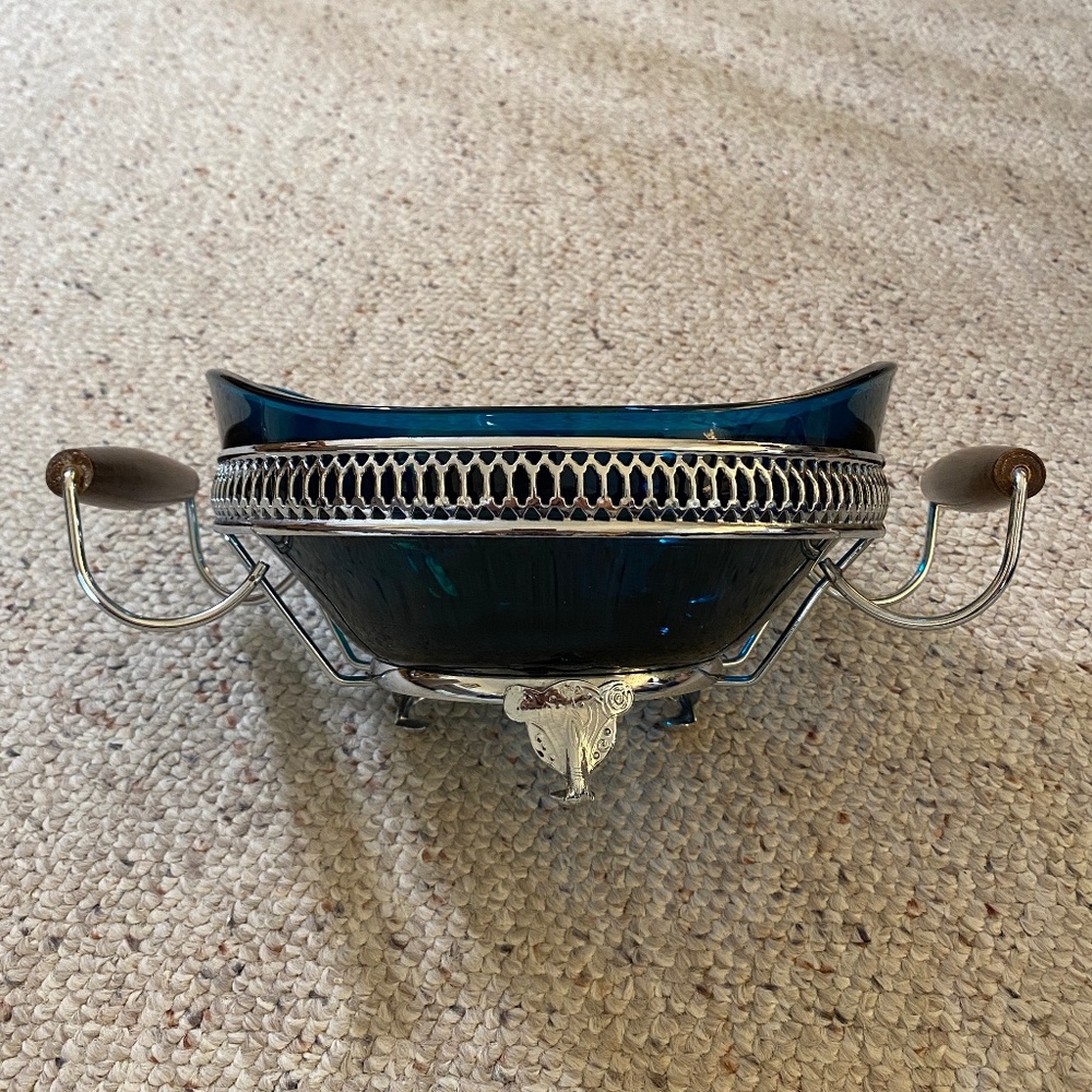 Teal glass serving bowl with teak handle silver metal carrier VTG '70's.